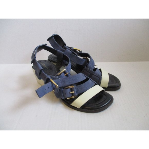 **3.1 Phillip Lim Slate Blue Suede and White Leather Strappy Block Heel Sandals - Picture 2 of 8